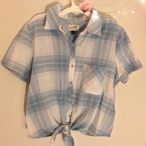 Blue plaid tie front button up